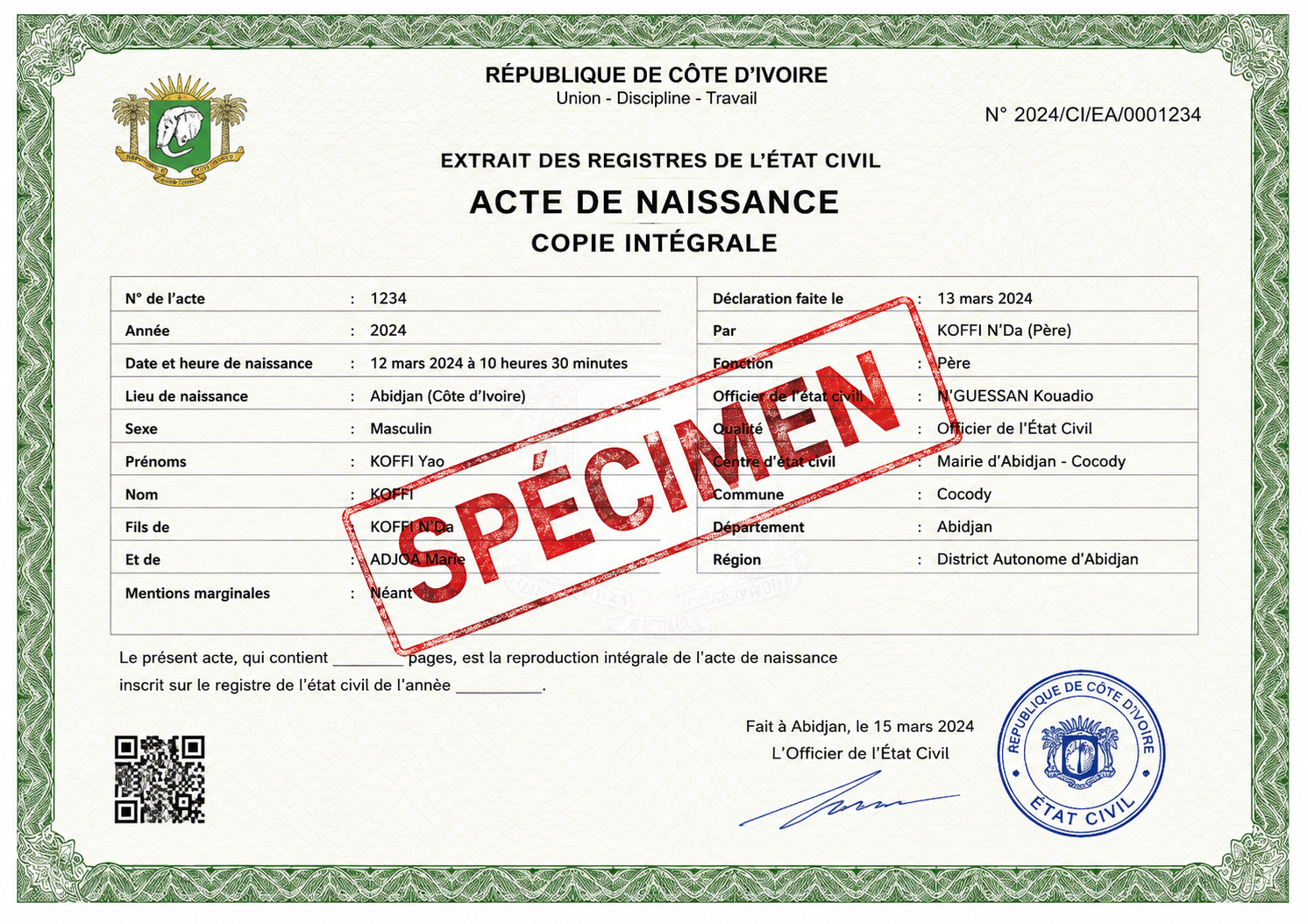 specimen copie integrale